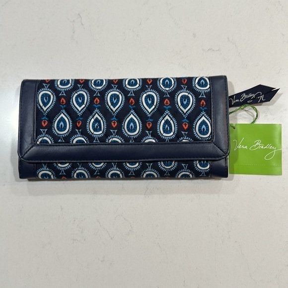 Vera Bradley Marrakesh Motifs Trifold Quilted Wallet in Navy Blue - Picture 1 of 10